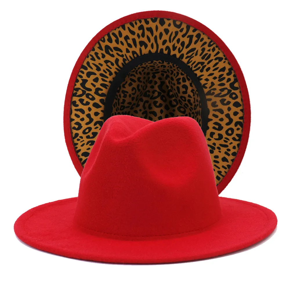 Cappello Fedora in cotone poliestere patchwork rosso e leopardato Cappello da donna unisex a tesa larga bicolore Jazz Cappello Panama Party Wedding