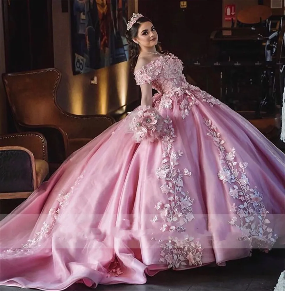 Princess Pink Quinceanera Планты с плеча 3D цветочные шнурки Корсет Топ 15 вечеринок блестящие платья на день рождения сладкие 16 дебютанте