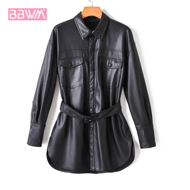 PU Women's Jacket Double-pocket with Waist Single-breasted Casual Long Lapel Female Jacket Black Windproof Chic Tops 210507