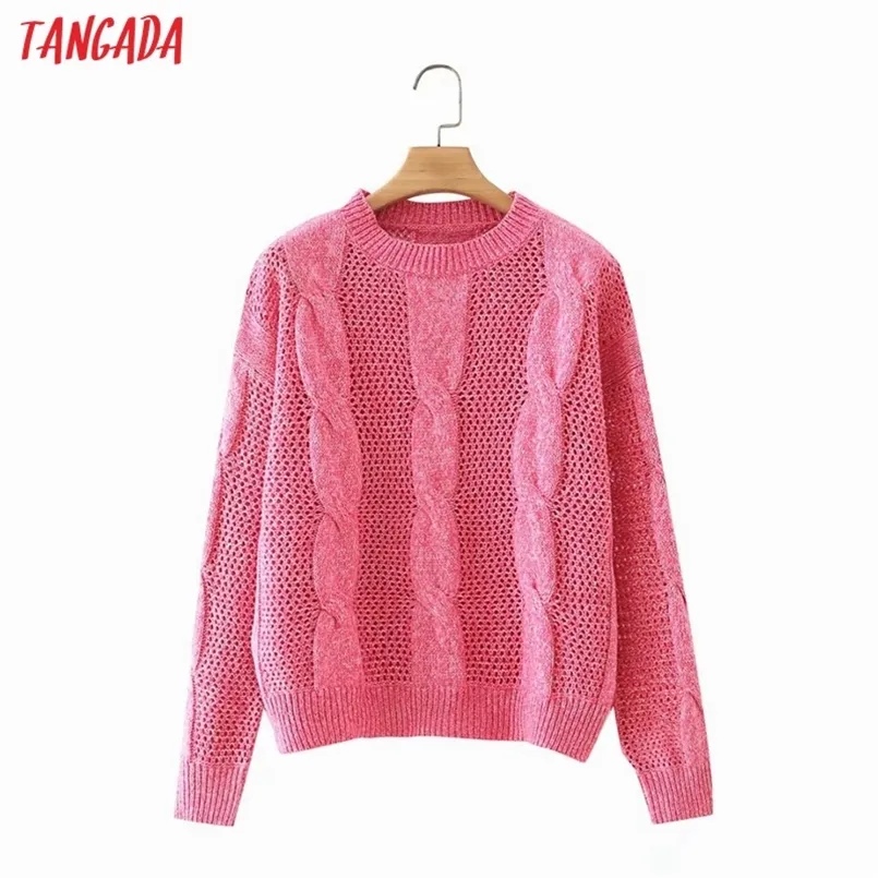 Tangada Frauen Mode Rosa Twist Gestrickte Pullover Jumper O Hals Weibliche Elegante Pullover Chic Tops 2J35 210914