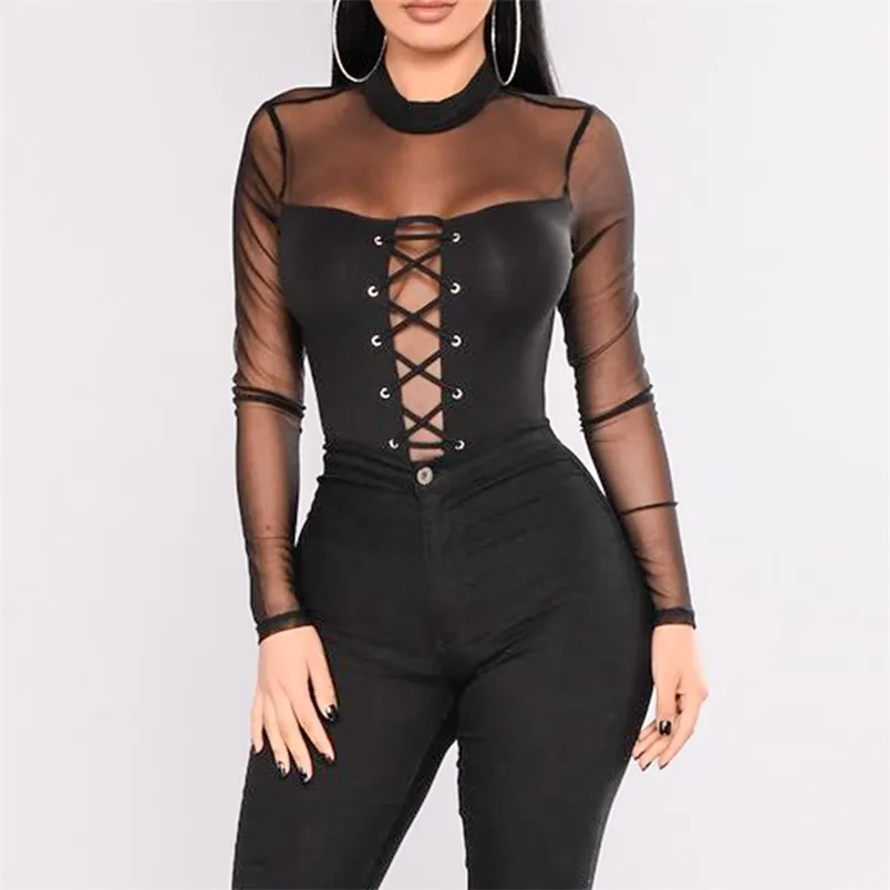 Black Sexy Sheer Bodysuits Women Body Bandage Patchwork Mesh Long Sleeve Hollow Out Skinny Summer Female Going Bodysuit 210517