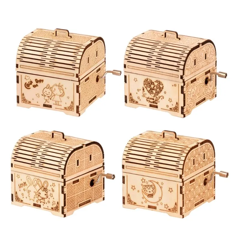 DIY Hand Crank Music Box Modelo 3D Madeira Puzzle Brinquedo Auto Assembly Montagem Artesanato Kit Adulto Kids Brinquedo Parent-Child Interactive Game