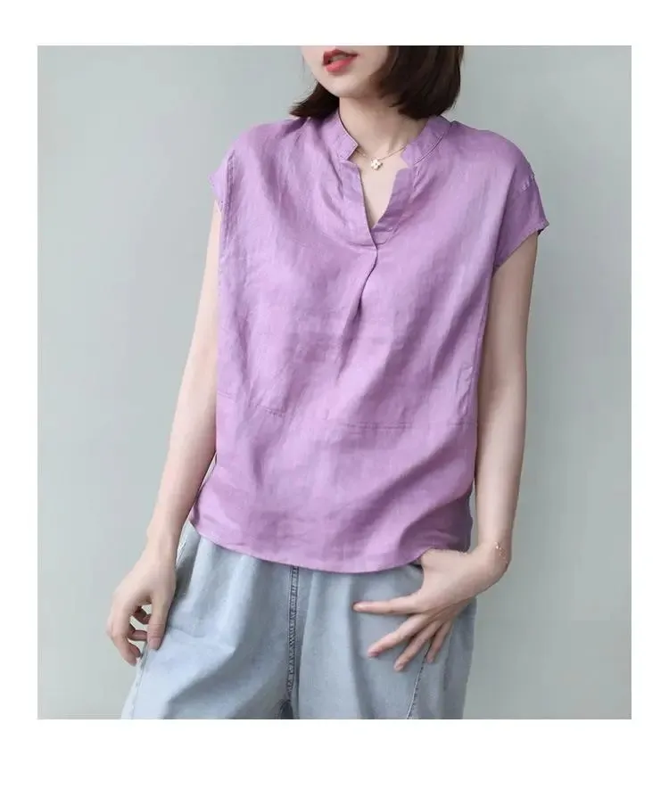 Women's Short Sleeve V Neck Blouse Loose Fit Cotton Linen Top For ...