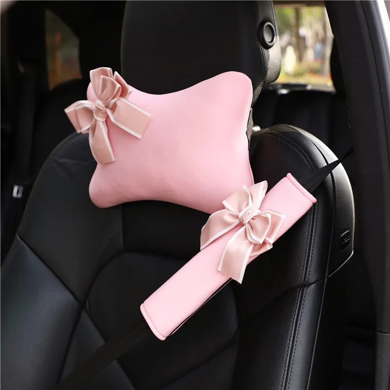 Carino Bowknot Poggiatesta universale Cuscino per collo Copri cintura di sicurezza automatica Spallina Accessori per auto Interni per donna Rosa