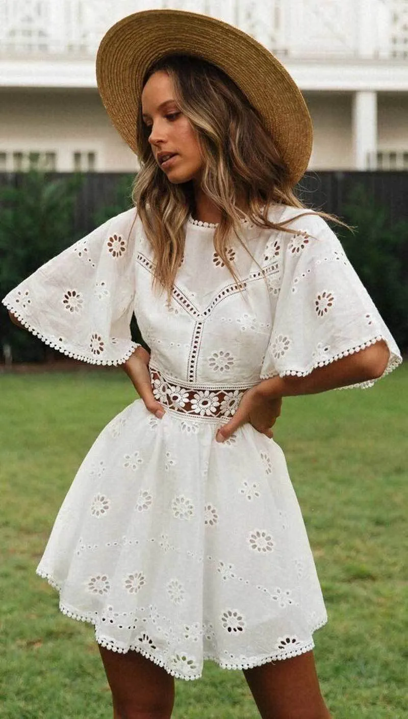 Vestidos De Noche Elegantes, White Crochet Mini Dress