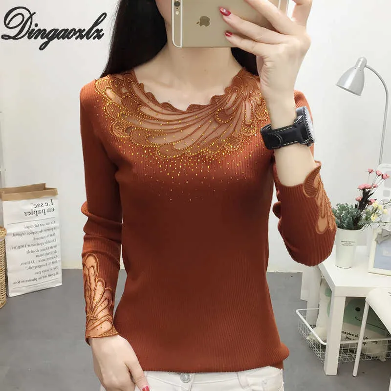 Dingaozlz New Korean Fashion Women Sweater Autumn Winter Pullovers Knitted shirt Patchwork Long sleeve Lace Tops X0721