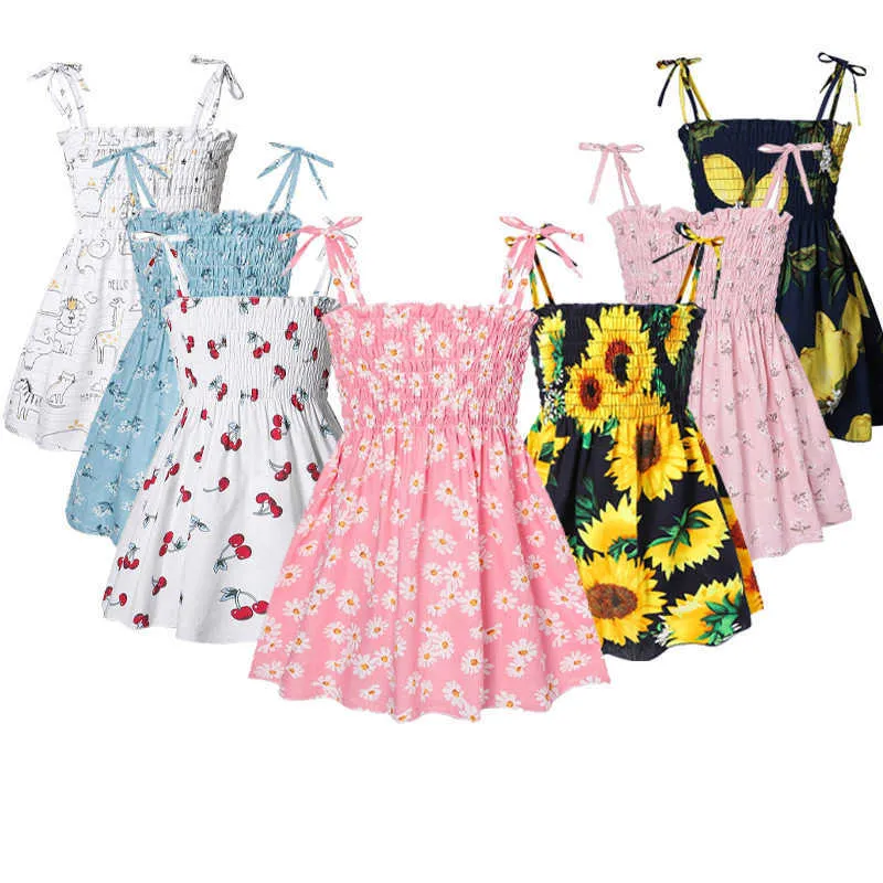2-6 Years Girls Dresses Kids Summer Sleeveless Strap Princess Dress Cotton Flower Print Children Clothes Girl Casual Sundress G1026