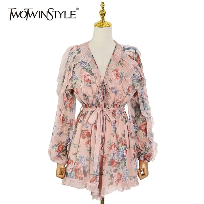 Elegante vestido estampado rosa para mujer con cuello en V manga larga con cordones Bowknot Mini vestidos ropa de moda femenina 210520