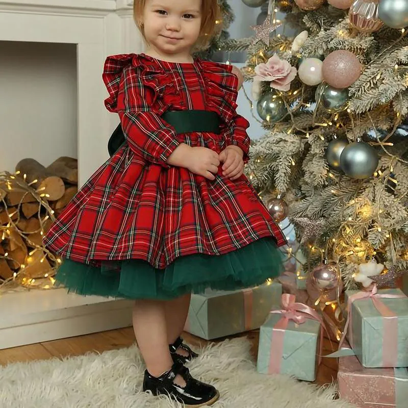Kızın Elbiseleri Noel Bebek Kız Elbise Doğan Ekose Uzun Kollu Yuvarlak Boyun Mesh Patchwork Yürüyor Prenses Parti Xmas Yıl Hediye 6M-6T