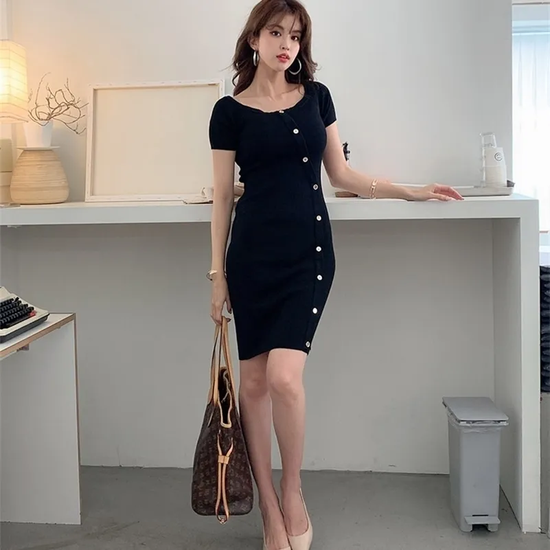 Kore moda tek omuz örme elbise kadın yaz tarzı bel zayıflama kalça ofis bayan kolsuz 210416