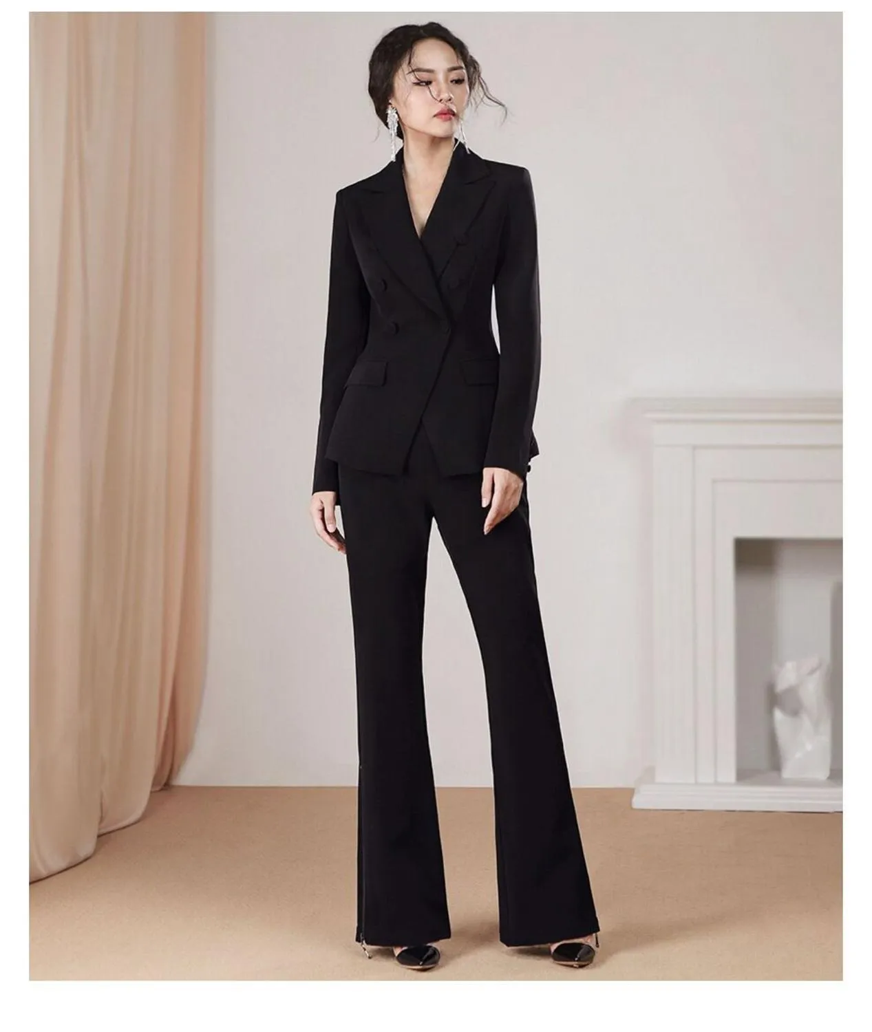 Broekpak voor dames, elegant businesspak, 2-delig, casual outfits, tweedelig, werkpak, revers, kantoor, blazer, set met lange mouwen, kostuumjas en kostuumbroek, effen, slimfit pak set, zwart, XXL