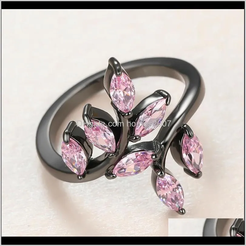 dainty female pink crystal stone ring luxury 14kt black gold wedding rings for women charm bride leaf zircon engagement