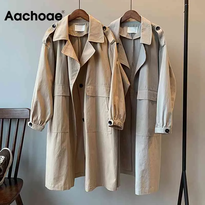 Aachoae Femmes Solide Casual Trench-Coat Turn Down Col Lâche Bureau Porter Long Manteau Grande Poche Coréen Gris Kaki Coupe-Vent 210413