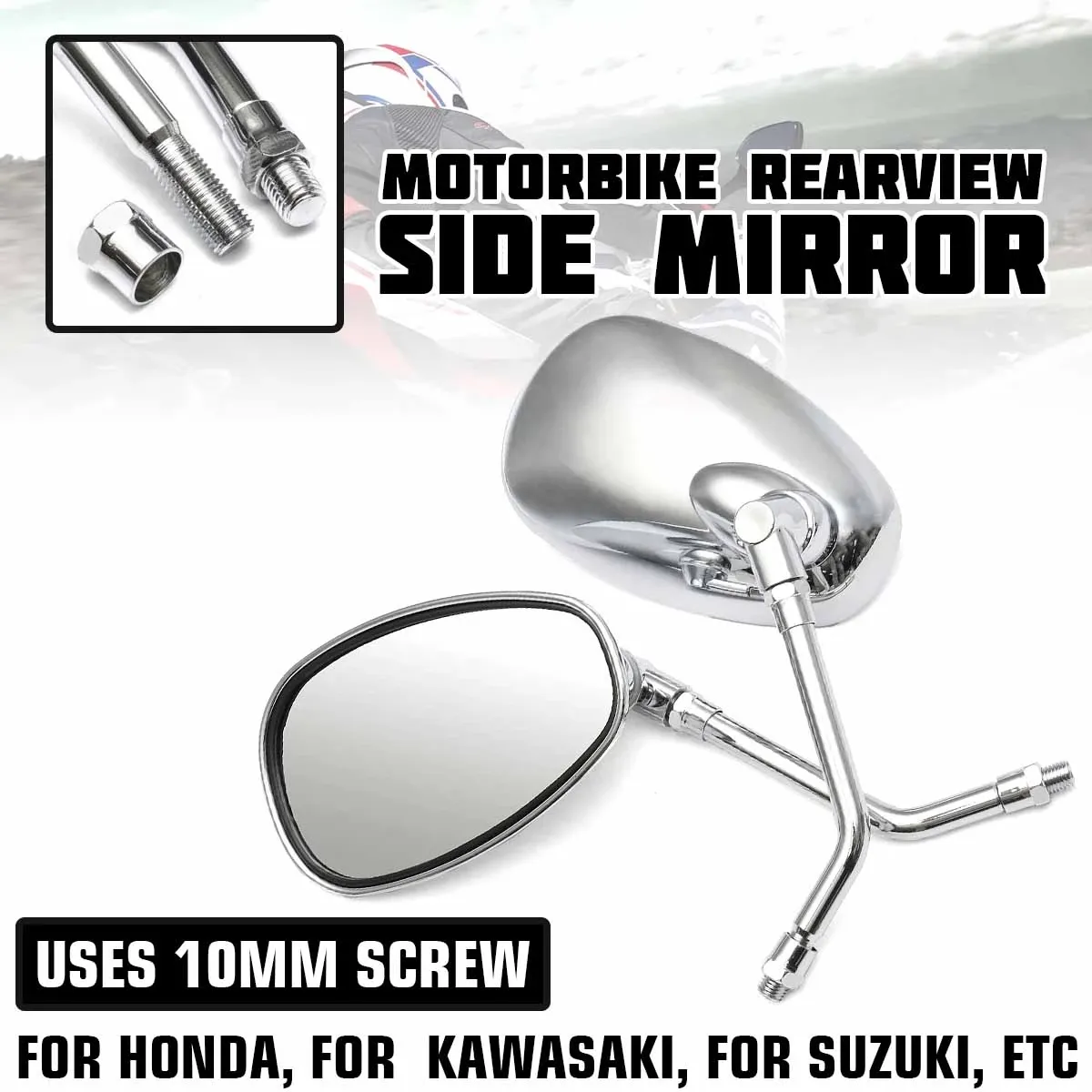 Coppia 10mm Universal Motorcycle Rear View Specchietto Rearview Laterale Ala Specchi per Honda / Kawasaki / Suzuki