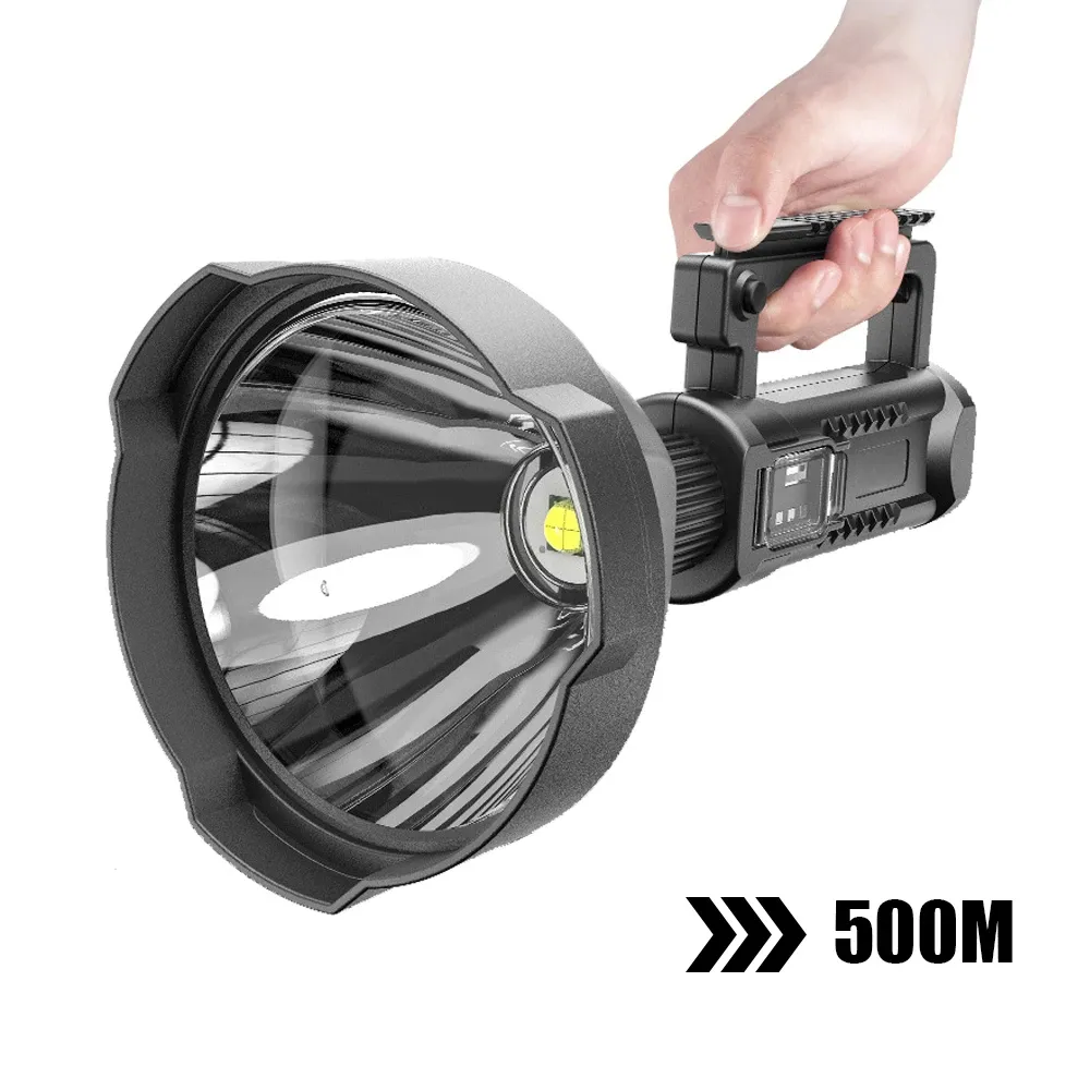 Kraftfull LED-ficklampa Portable XHP70.2 Torch USB Uppladdningsbar Searchlight Vattentät Spotlight med basfiske Ljuslantern