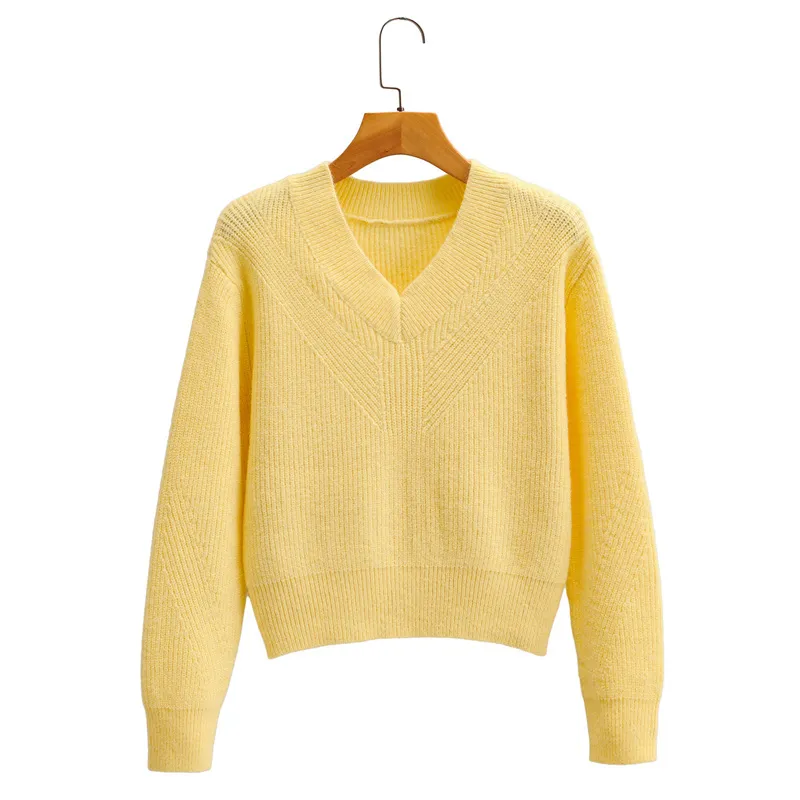 HSA jaune tricoté pulls femmes à manches longues dames pull col en V solide décontracté basique femme pull pull 210417