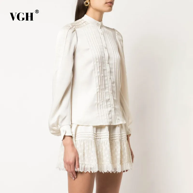 VGH White Patchwork Lace Set For Women Stand Collar Long Sleeve Shirt High Waist Min Skirt Elegant Two Piece Sets Female Fashion 210421