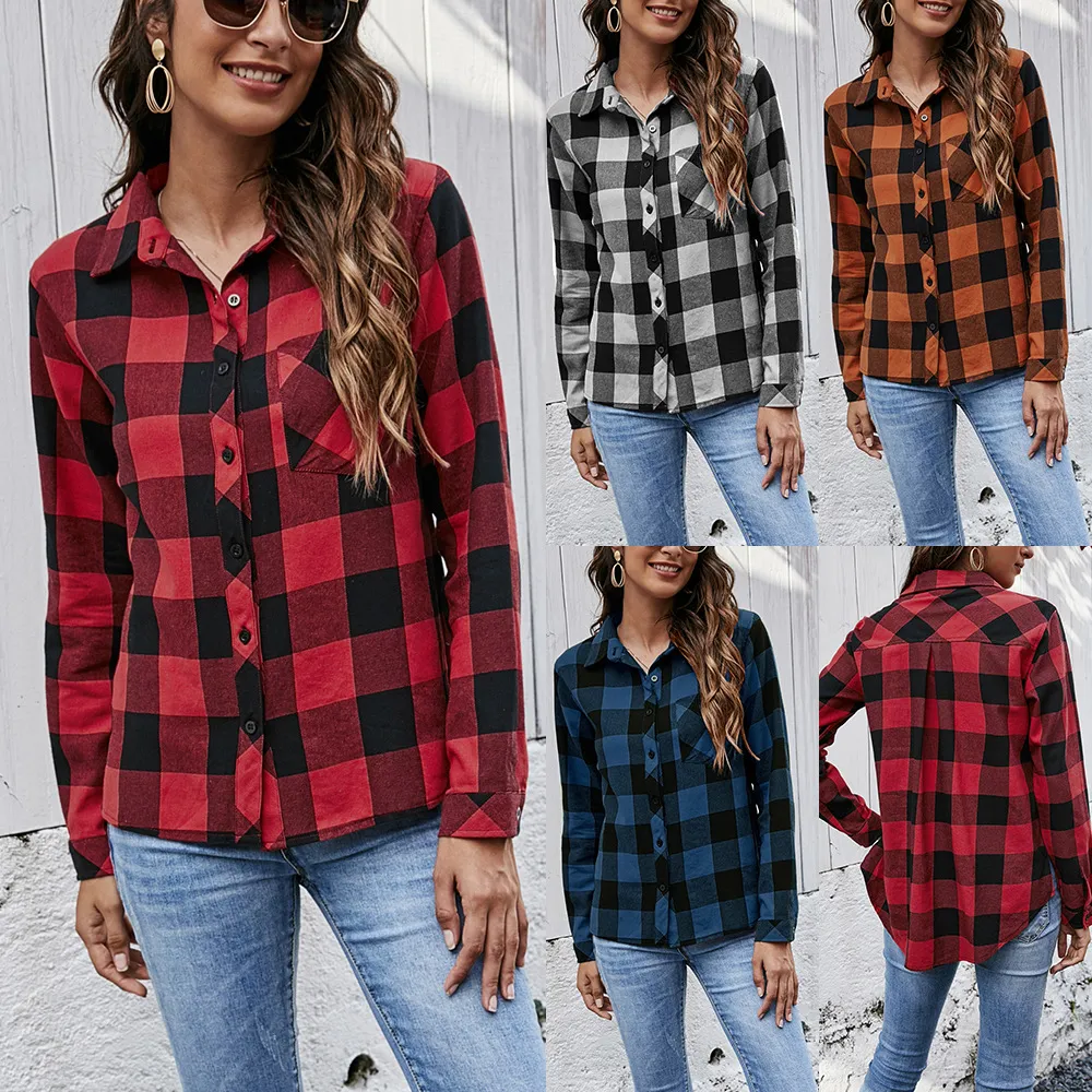 Camisas de blusas femininas 2021 Autumn Winter New European e American Plaid camisa de manga longa casual