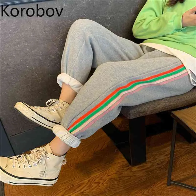 Korobov automne hiver épais Style Preppy femmes pantalon coréen arc-en-ciel rayé Harem pantalon taille haute Streetwear pantalon 210430