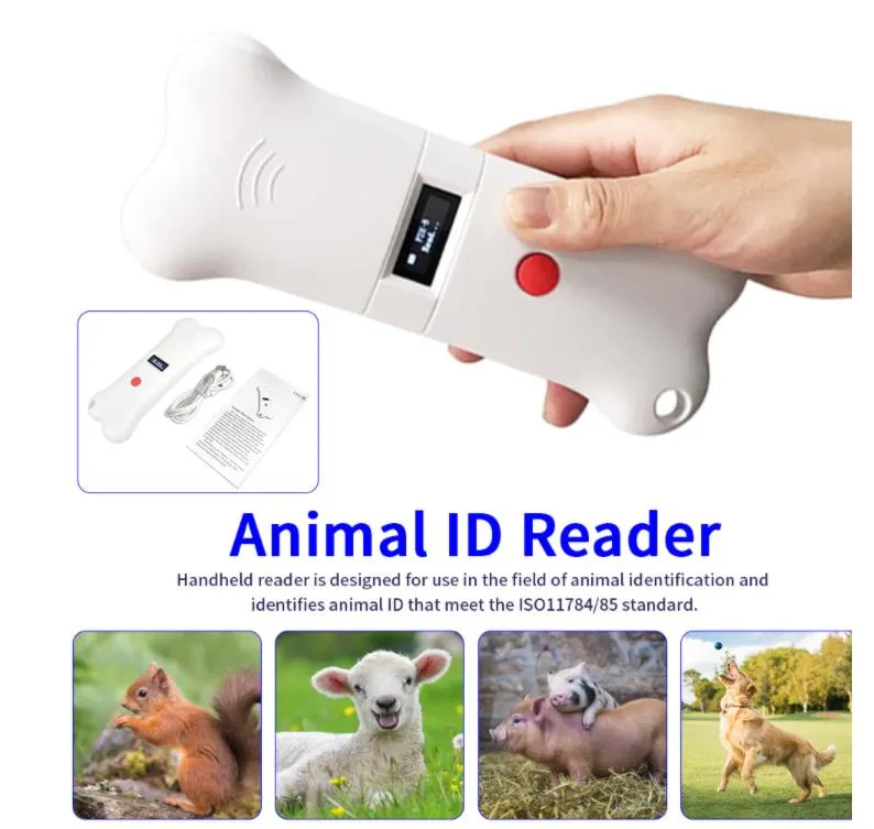 Xiruoer Friendly Lettore di chip per animali a forma di osso ISO11784/785 Scanner per animali domestici Lettore di microchip impiantato Identificazione degli animali 32 record Memorry Lettori di ID USB 5 Set