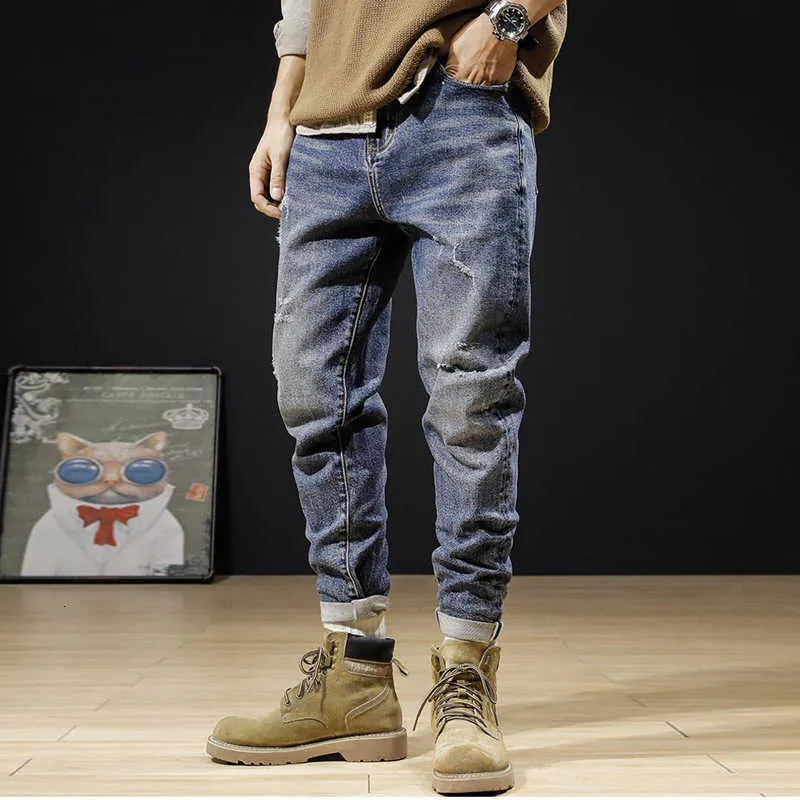 Estilo coreano moda homens jeans solto apto retro azul casual rasgado streetwear hip hop elástico designer harem calças
