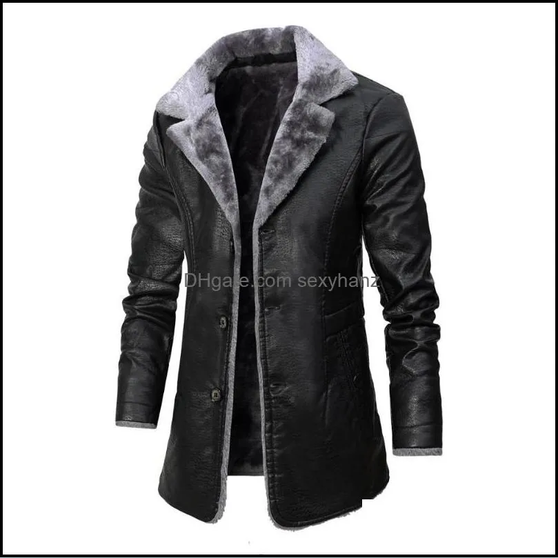 Mens Fur & Faux Outerwear Coats Clothing Apparel 2021 Winter Leather Jacket Solid Color Lining Veet Business Lapel Medium Length Keep Warm B