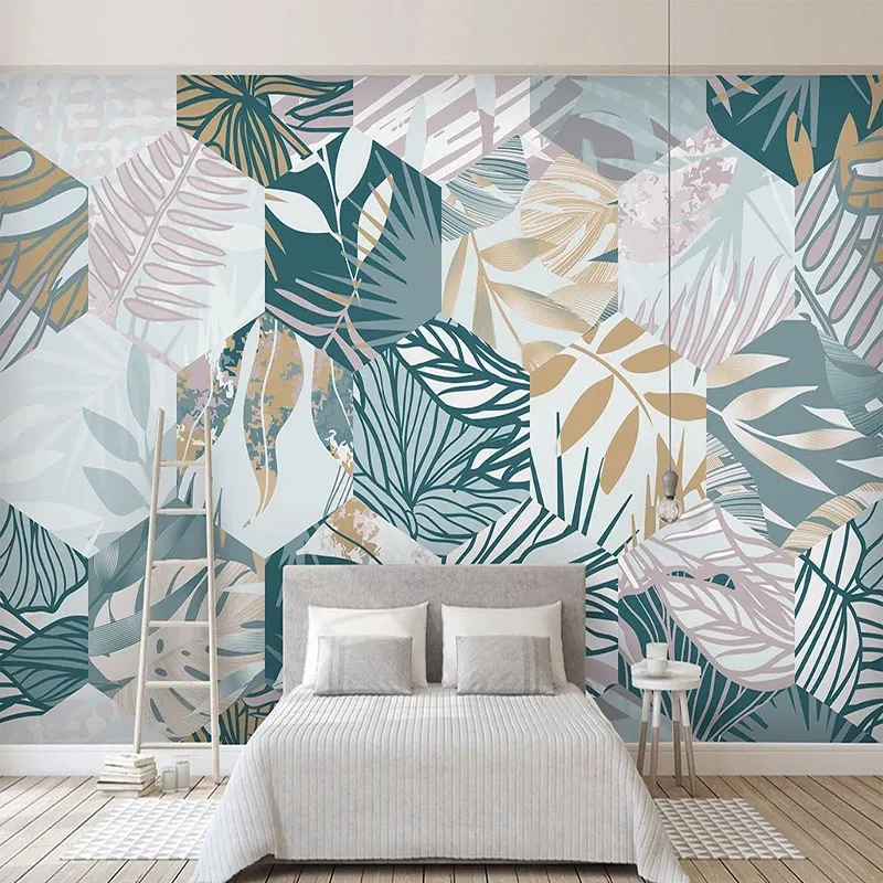 Custom Mural Wallpaper Nordic Tropical Plant Leaf 3D Geometric Line Fresco Living Room TV Background Wall Mural Papel De Parede