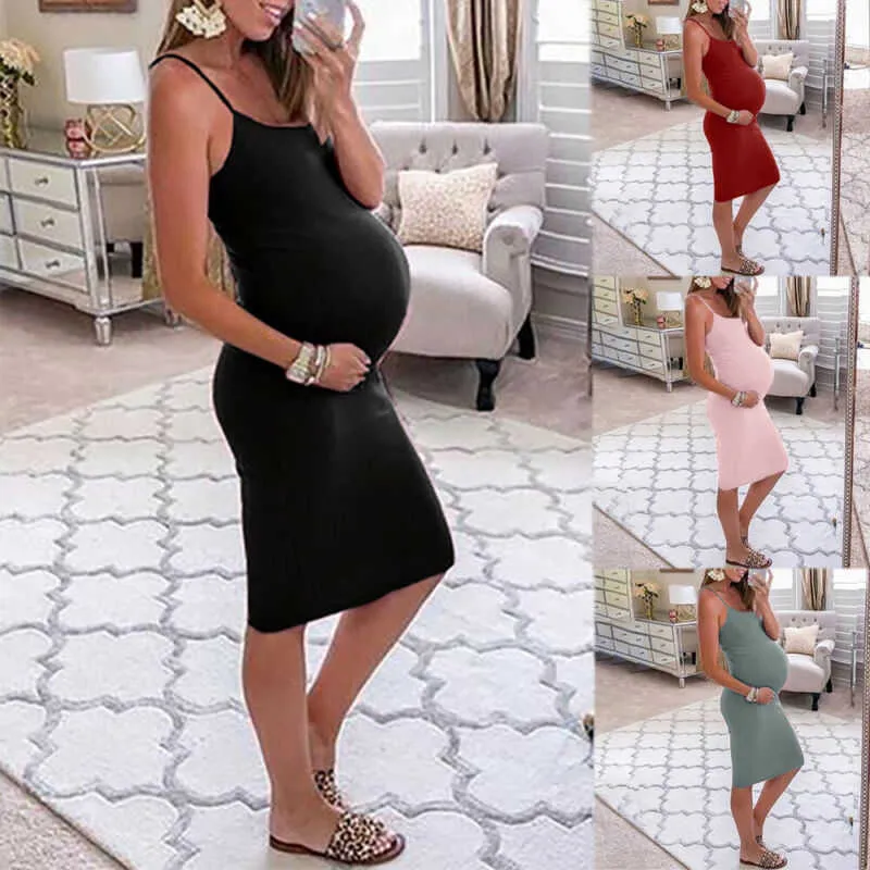 Kobiety w ciąży Bez rękawów Cztery kolory Bodycon Sukienka Macierzyńska Ciąża Ubrania Q0713