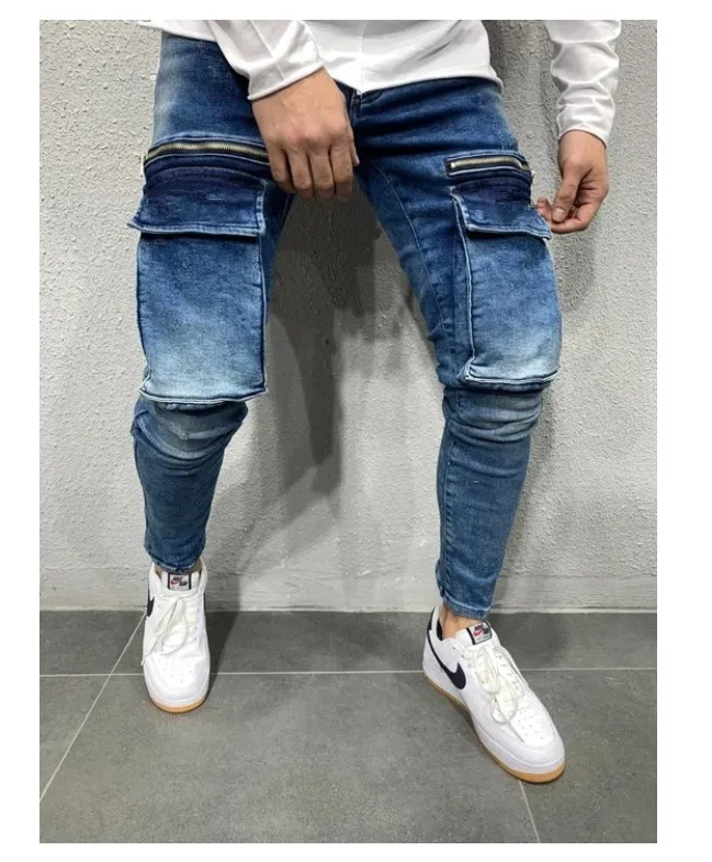 Homens elásticos multi-bolso calças de brim magros homens bolso zíper lápis calças moda jeans calças casuais hip hop sweatpants 220314206y