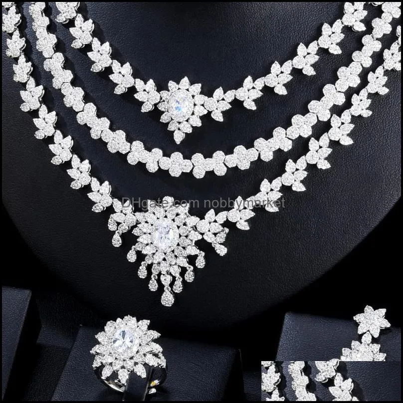 Earrings & Necklace Blachette Fashion Luxury Zircon Three-layer Chain 4PCS High Quality Women`s Wedding Anniversary Dubai Design Jewelry