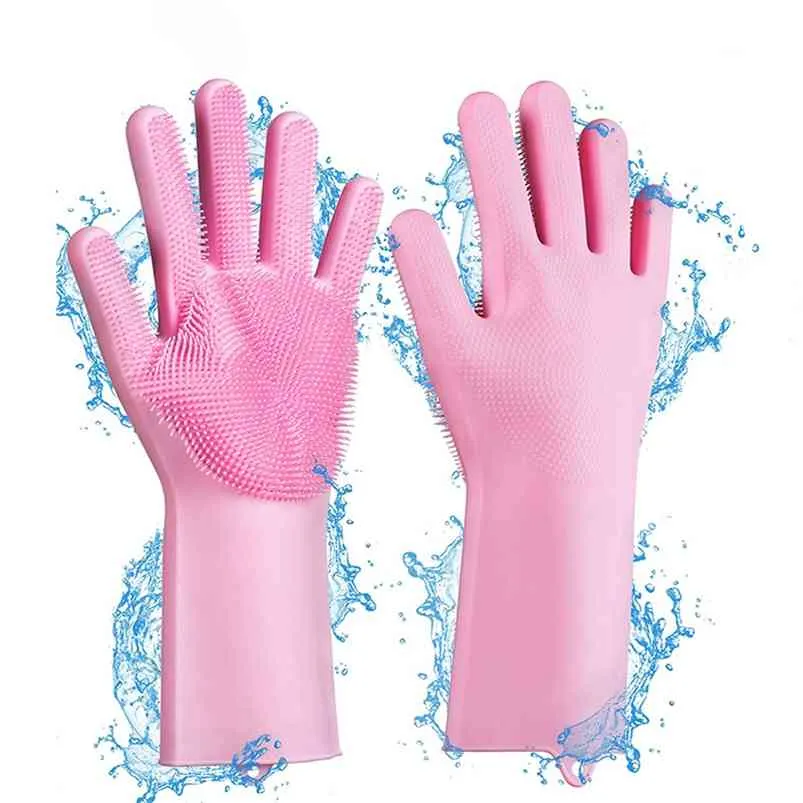 1 Set Multi-use Silicone Scrubber Rubber Dish Washing Gloves Kitchen Help Durable Dusting Pet Care Household Cleaning Tool 210423