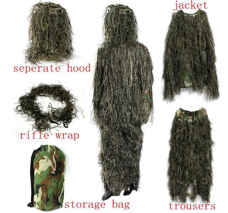 전술 재킷 세트 Camo Junlge Ghillie Suit Camo Woodland 위장 숲 사냥 Ghillie 정장 4 피스 + 가방