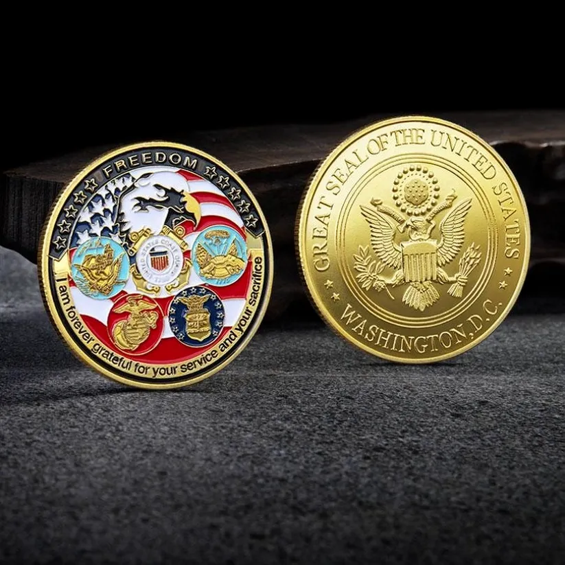 Ambachten VS Navy USAF USMC Army Coast Guard Freedom Eagle 24K Gold Plate Rare Challenge Coin Collection voor vijf belangrijke Militaire Naties 4966