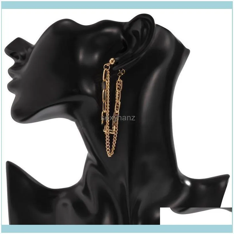 Hip Hop Metal Tassel Chain Earrings Punk Style Thick Thin Chain Ear Drop Women Fashion Gold Stud Earrings Jewelry
