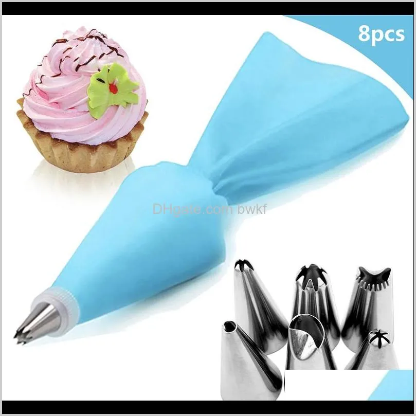 8pcs/set silicone icing piping cream pastry bag + 6 stainless steel cake nozzle diy cake decorating tips fondant pastry tools