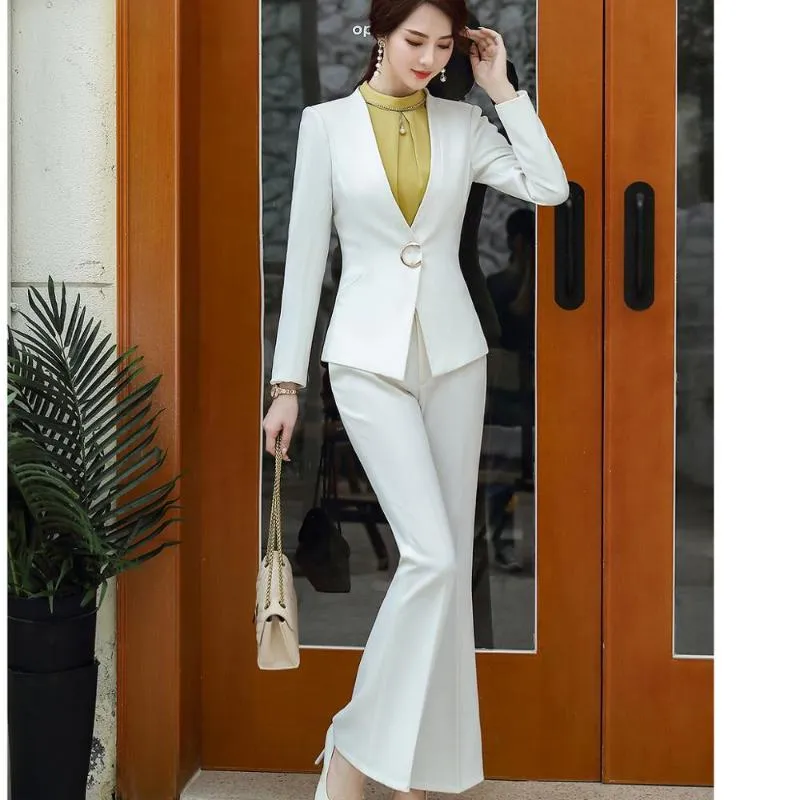 بدلات نسائية بليزرز أزياء النساء S-5XL Work V-Neck Pant Suit Office Lady Ol Black White Jacket Blazer Coat و 2 قطعة مجموعة