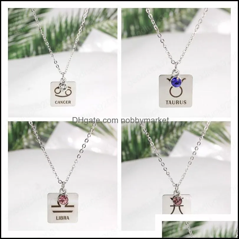 12 Zodiac Constellation Signs Pendant Necklace Crystal Birthstone Necklace Women Friend Birthday Gift Stainless Steel Jewelry