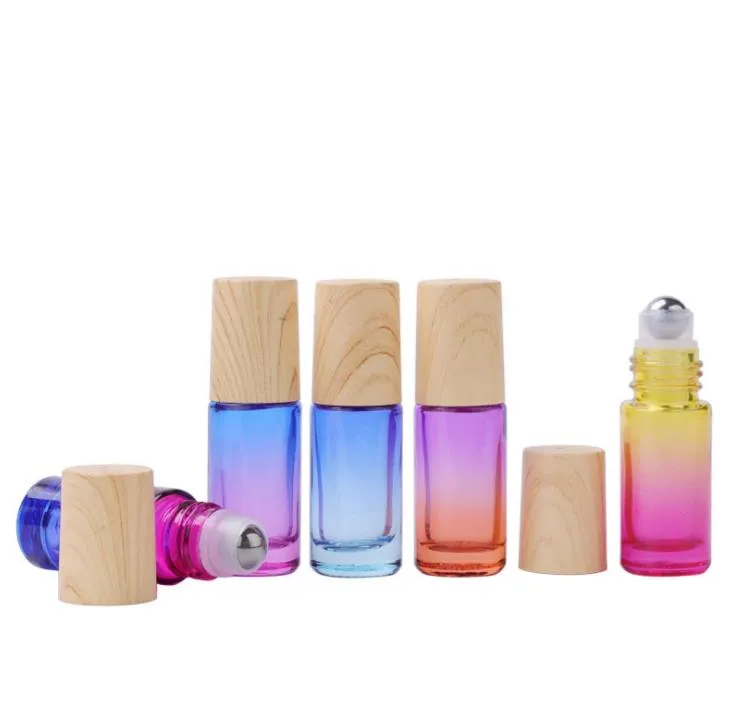 500 pçs / lote 5ml gradient cor roll-on Perfume frasco de óleo de aço essencial garrafas de esferas de metal com madeira parece plástico tampa sn4357