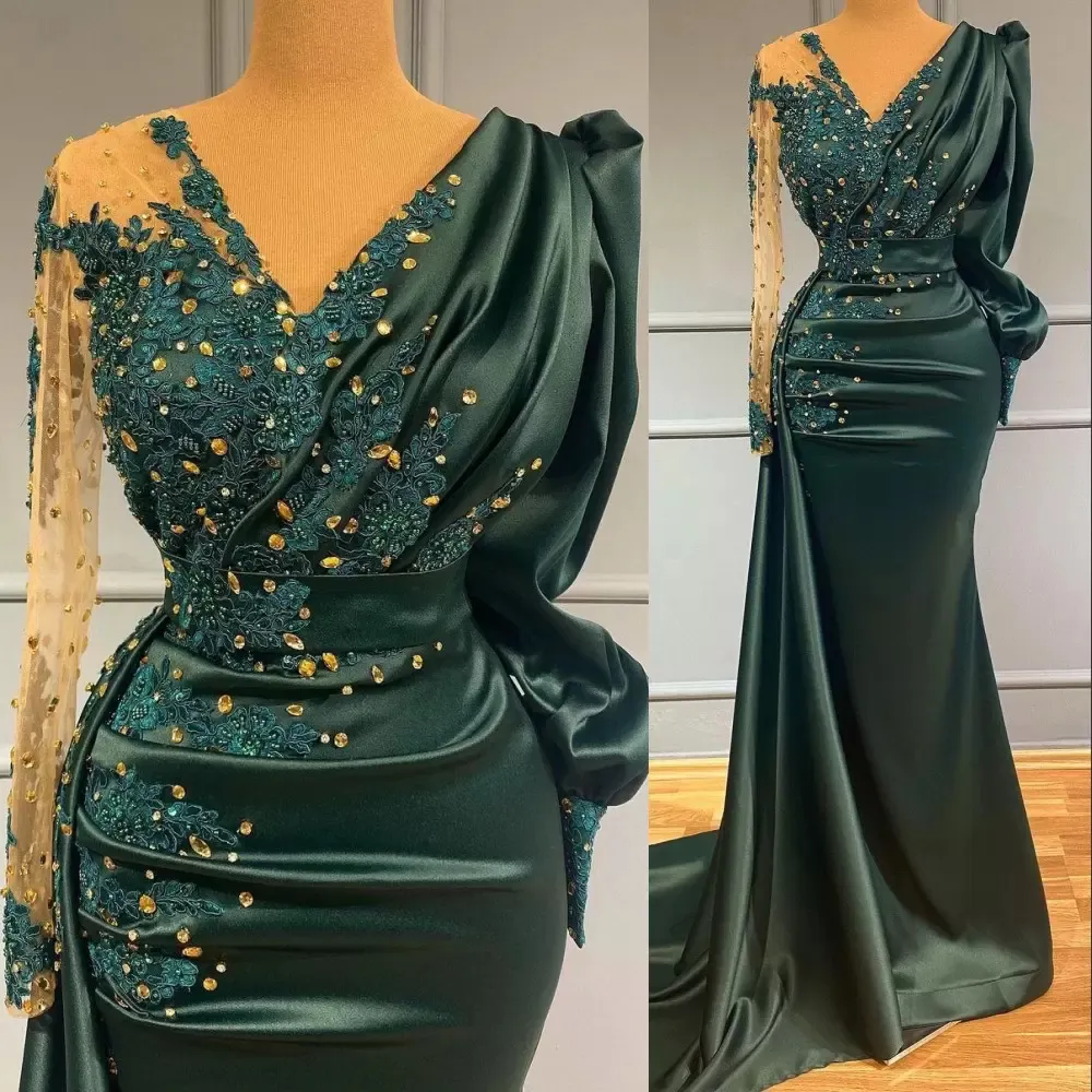 Elegant Hunter Green Mermaid Evening Dresses V Neck Golden Crystals Beaded Long Formal Event Gowns Lace Appliques Pleats Arabic Dubai Kaftan Party Prom Dress 2022