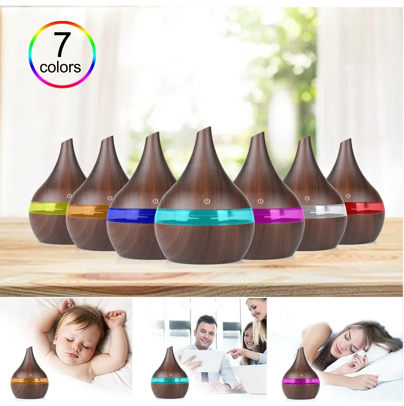 Kolorowy 300ml nawilżacz Aroma Dyfuzor oleju eterycznego oczyszczacz ultradźwiękowy z kolorem Zmiana LED Light Light Ładowarka USB Drewno Ziarno dla biura Strona główna samochodu pojazdu