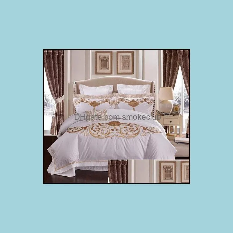 Bedding Sets 4/6/10Pcs Luxury 1000TC Egyptian Cotton Embroidery White El Duvet Cover King Queen SizeFlat Bed Sheet Bedspread