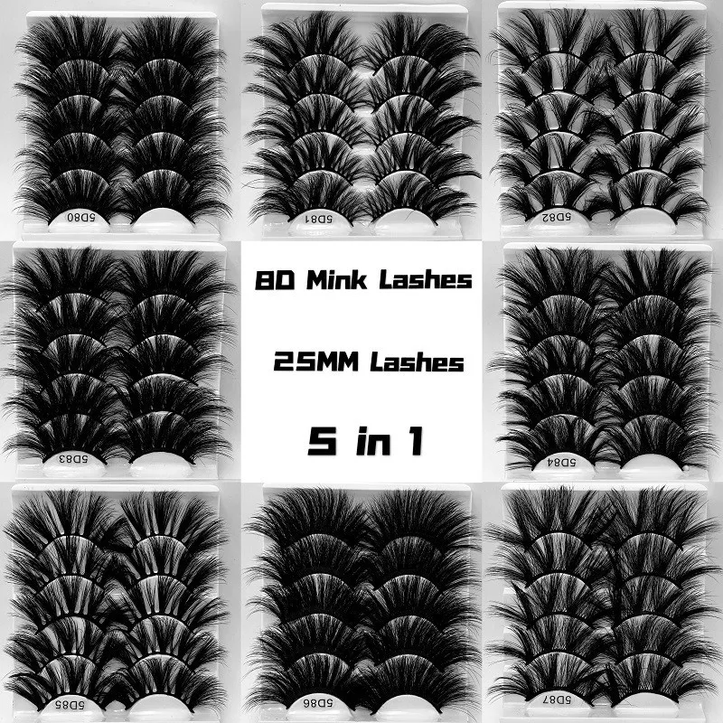 5 쌍 수제 긴 25mm 가짜 밍크 속눈썹 자연 메이크업 거짓 속눈썹 5D 볼륨 Wispies 푹신한 아이 래쉬 확장