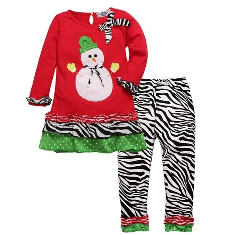 Christmas Year Children's Sets Baby Girls Snowman Long Sleeve Top + Pants Clothing Autumn Winter Kids Girl Suit Clothes 210521