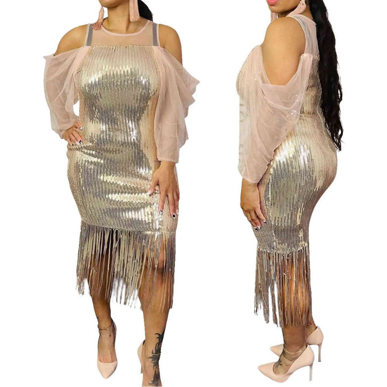 Glitter Jurk Dames 5XL 4XL Plus Size Sequin Jurken Tassel Celebrity Jurk Factory Elegante Jurken voor Bruiloft Bodycon 211116