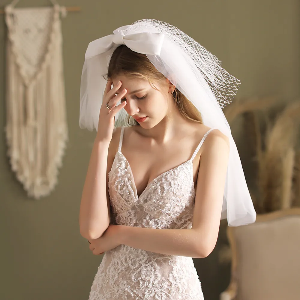 Weiß Fancy Kurze Hochzeitsschleier Tüll mit Netting Bug Brautschleier Zubehör