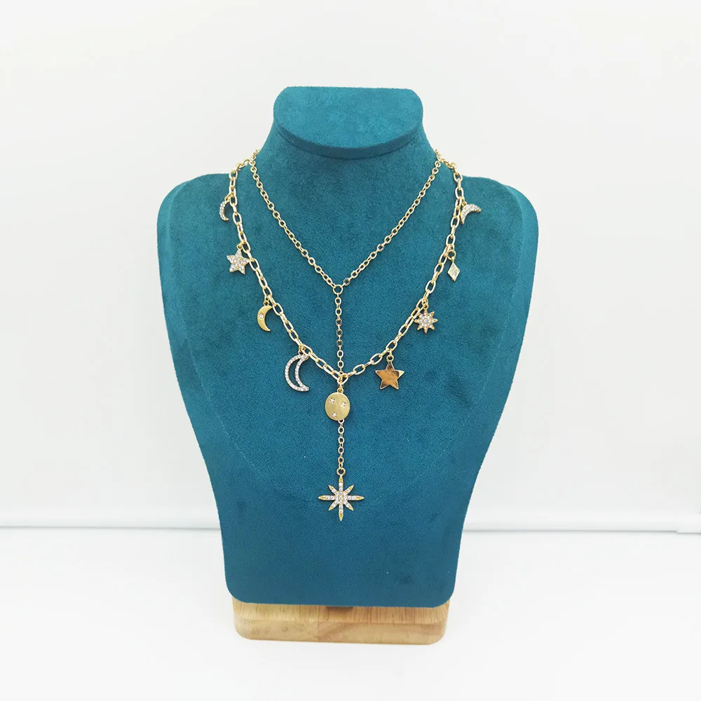 Boho Multi Layered Gargantilla Collar Set Star Moon Rhinestone Colgante Collar de cadena de clavícula para Mujeres Niñas Oro
