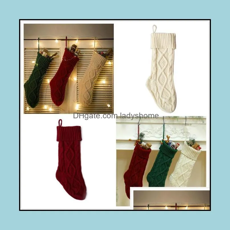 Christmas Knitted Stockings Decor festival Gift Bag Fireplace Xmas Tree Hanging Ornaments Decor Red White Christmas Sock 46CM HWF7023