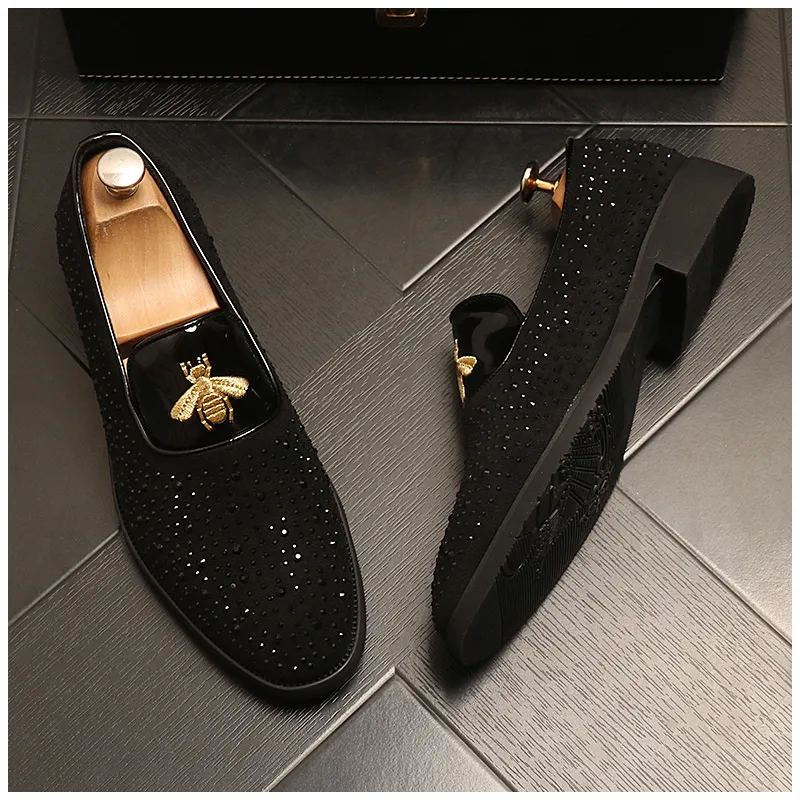 NEW Men embroidery skull Shoes Fashion black Gold Casual Flats Men`s Designer Dress Shoes Sequined Loafers Men`s Platform Driving Shoes 38-44