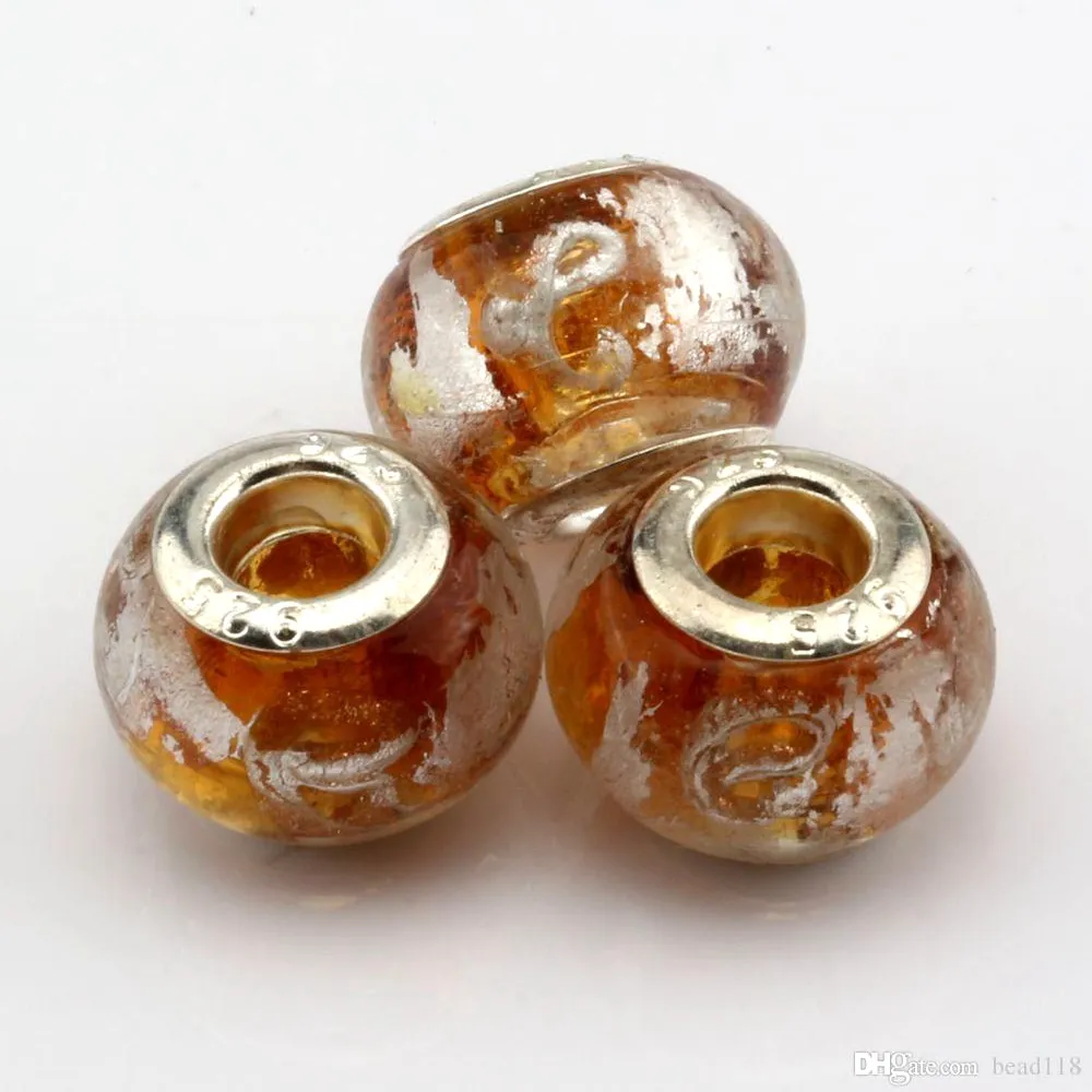 100 st Kaffe Guldfolie Alfabet "E" Lampwork Glas Big Hole Spacers Pärlor för smycken gör armband Halsband DIY Tillbehör