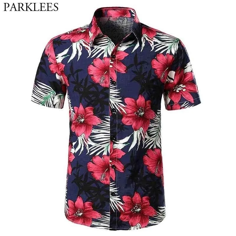 Floral Hawaiian Beach Camisas Mens Verão Botão de Manga Curta Down Chemise Homme Tropical Aloha Party Roupas Para Câmeras Masculinas 210522